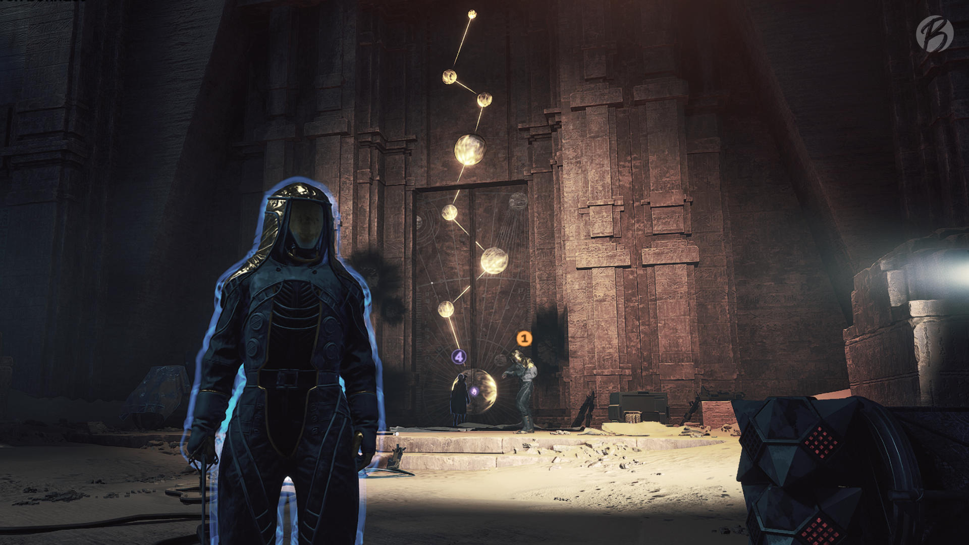 Dune: Awakening - Jede richtige Antwort der letzten Prüfung lässt an der Tür einen Planeten aufleuchten.