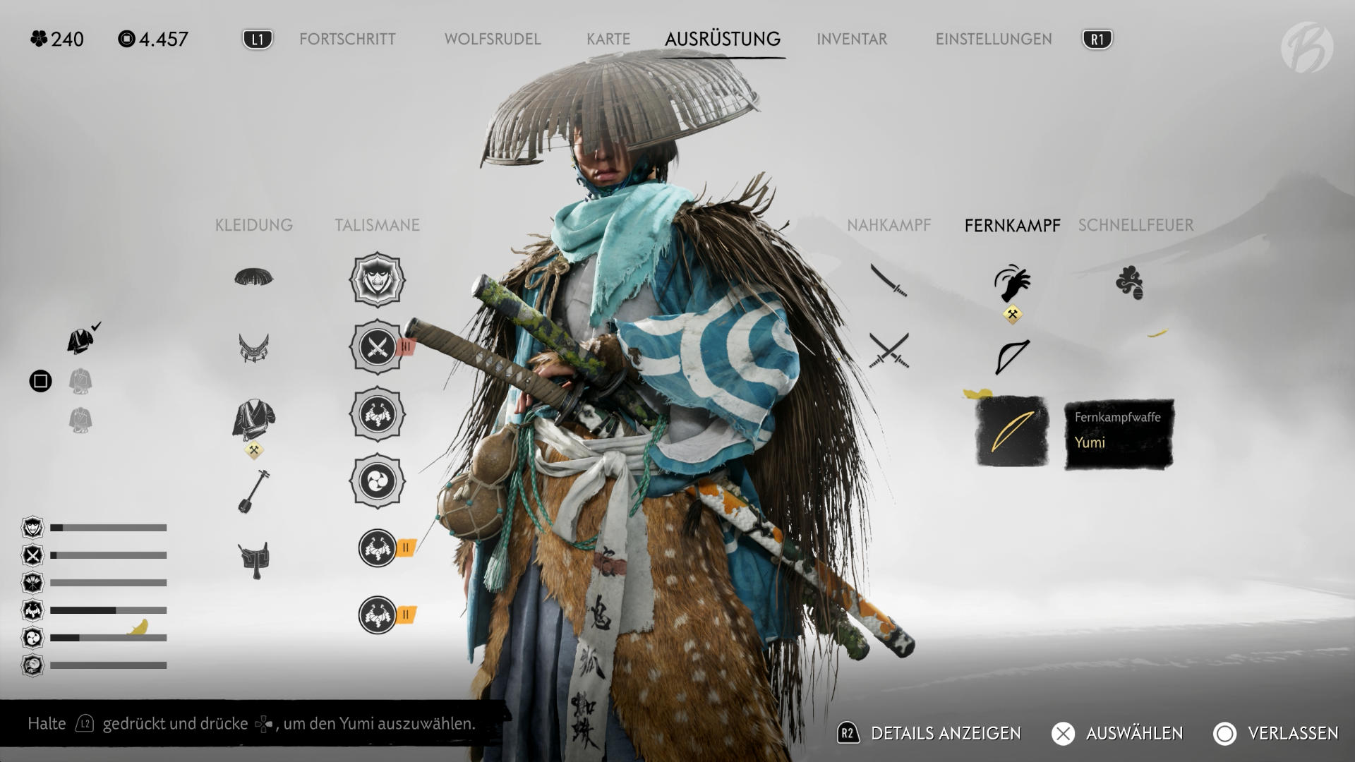 Ghost of Yōtei - Talismane, Rüstungsteile und Waffen stärken unsere Fähigkeiten.