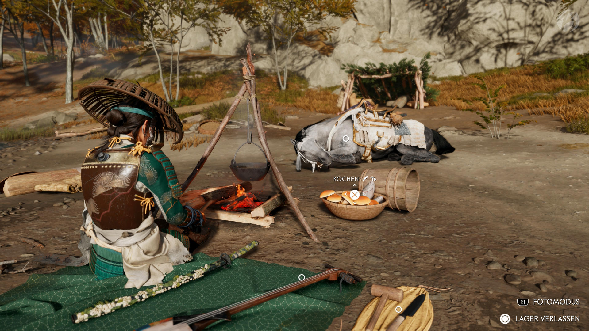 Ghost of Yōtei - Überall lassen sich schnelle Lager errichten und Speisen zubereiten.